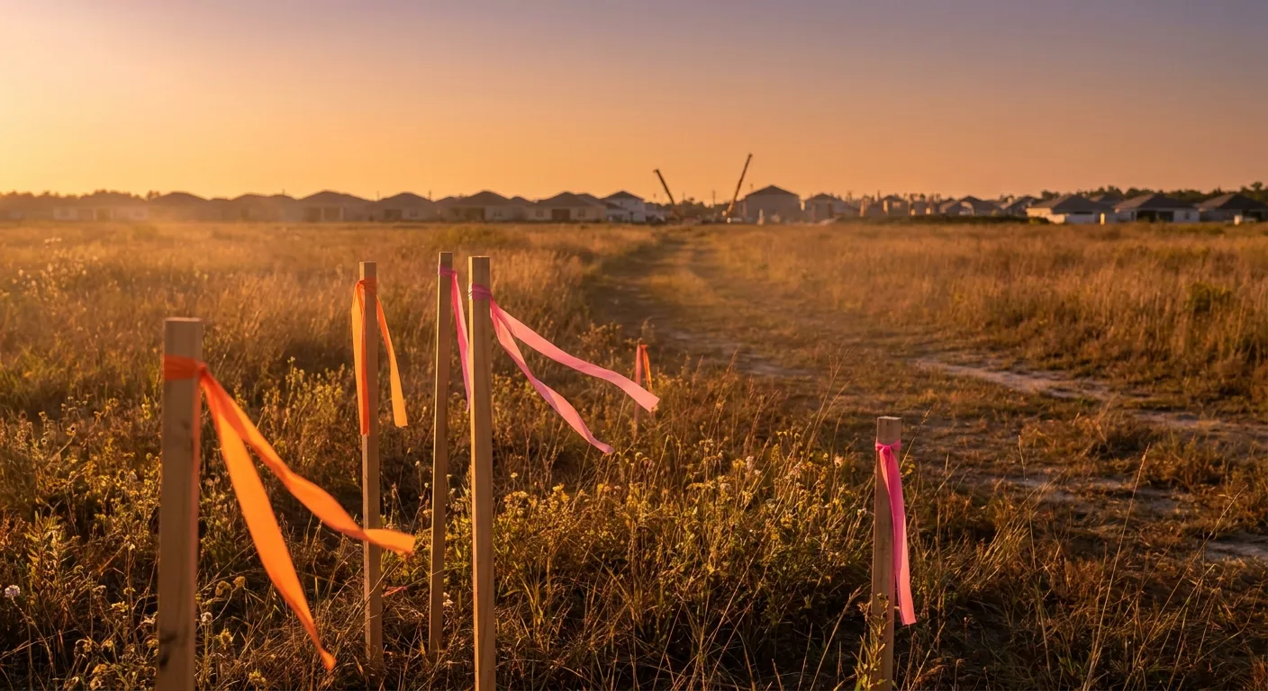 Sunset over a field with survey markers; RockN' Socials Digital Marketing Agency.