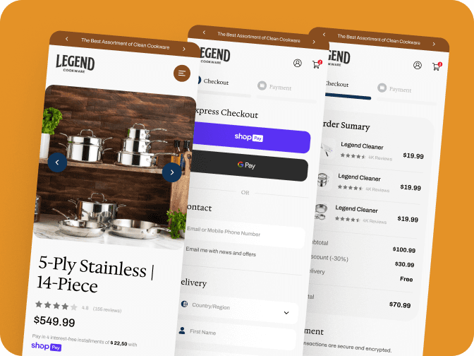 Legend Cookware ecommerce screens showing homepage sections, a product page, and checkout on desktop and mobile.