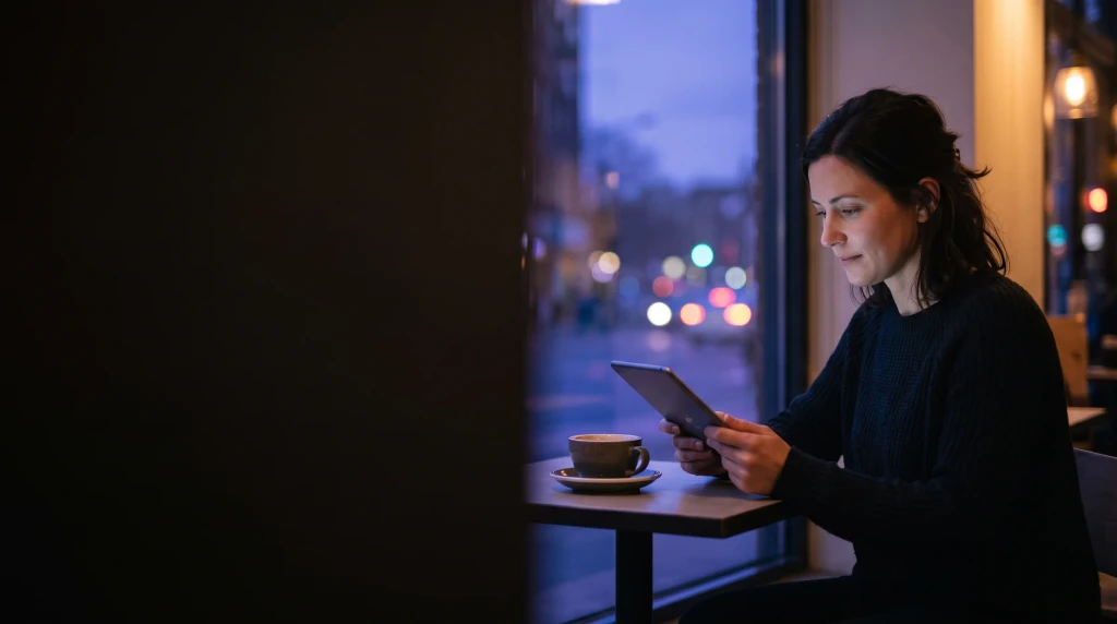 A woman at a cafe window at dusk, reading an answer on her tablet