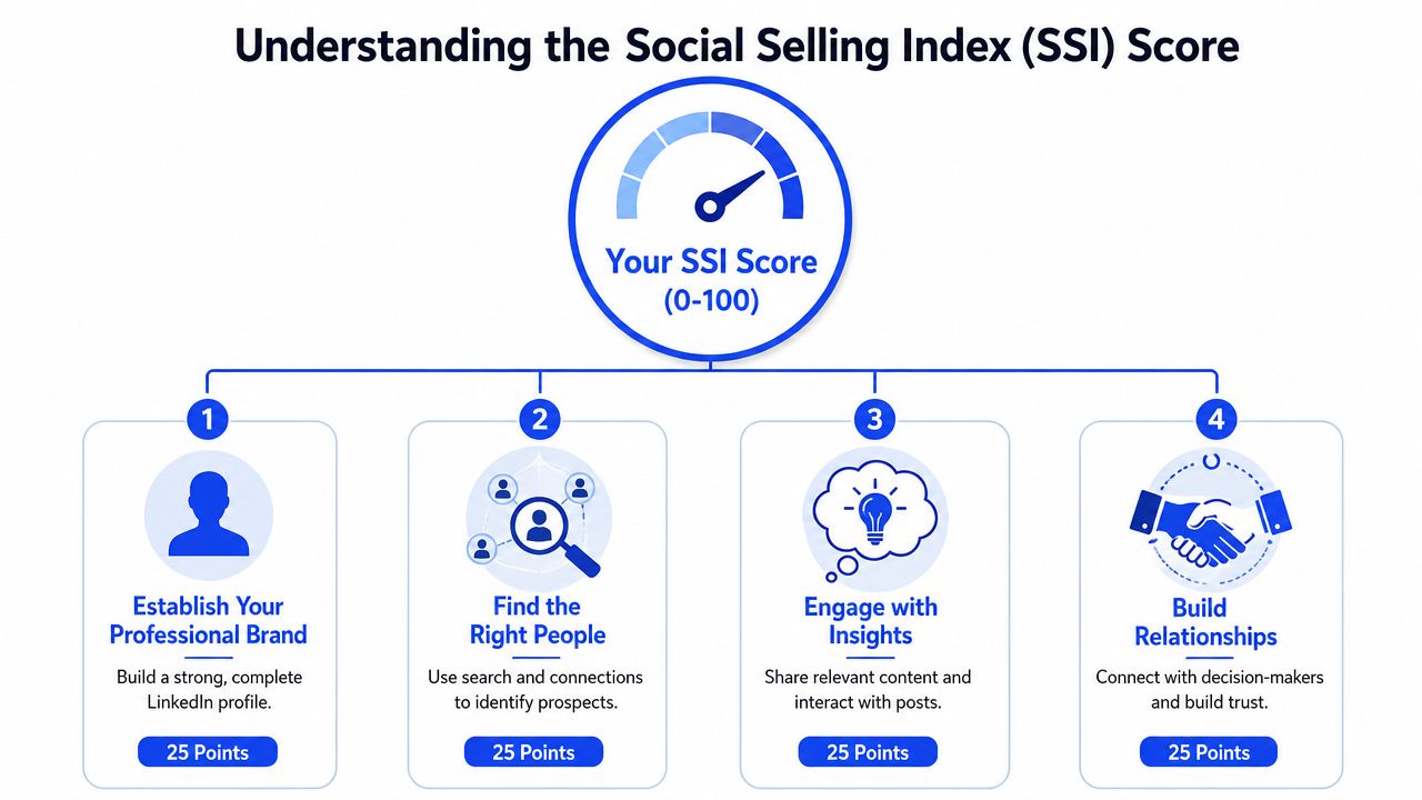 A diagram explaining the four components of the LinkedIn Social Selling Index score, each worth twenty-five points.