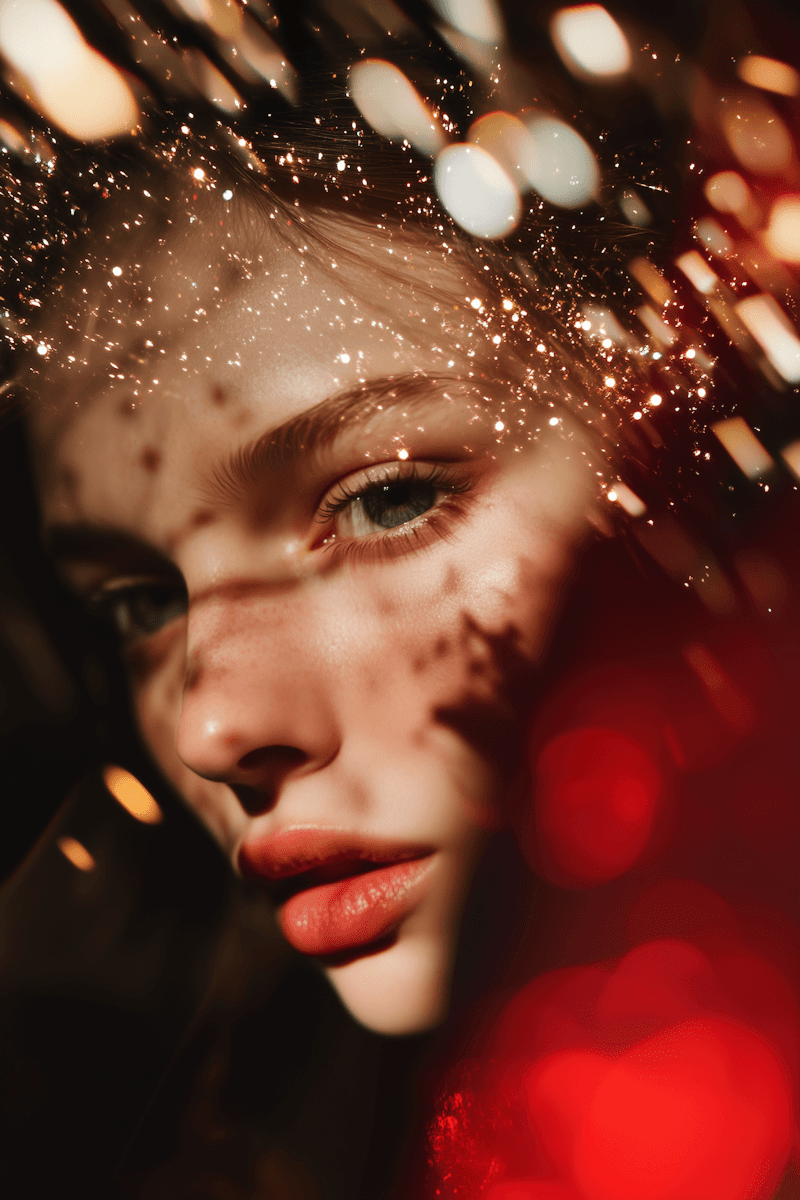 Close-up of a woman with golden light patterns and red bokeh.