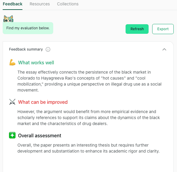 A high-level feedback summary showing "What works well" regarding the essay's connection to social movement concepts, and "What can be improved" regarding empirical evidence.