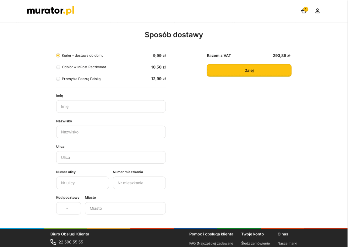 Desktop "Shipping Method" view for Murator, featuring a radio button list for delivery options including Courier, Parcel Locker, and Postal Service, alongside a full checkout form for personal and address information.