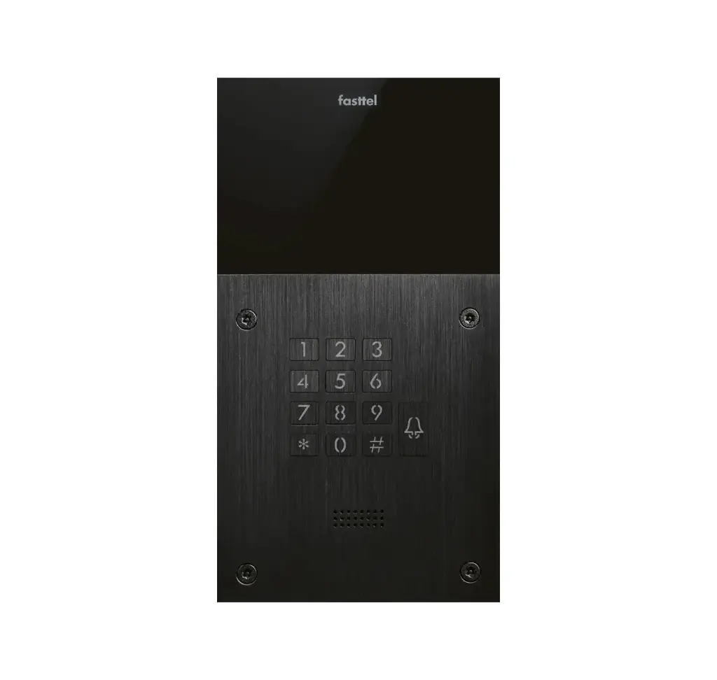 Black smart home device with screen showing time and temp