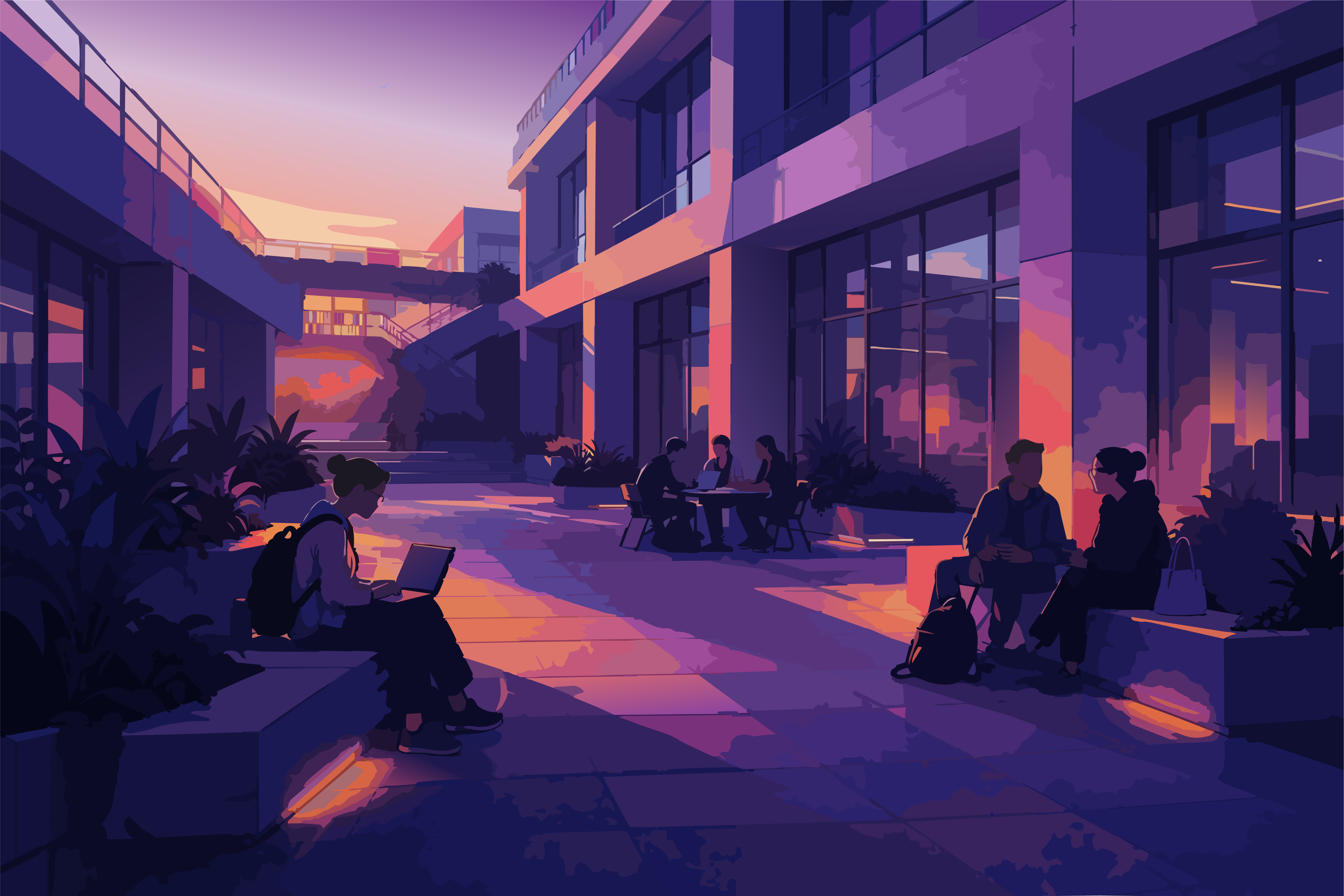 4 students looking at a glowing tablet, illustrative