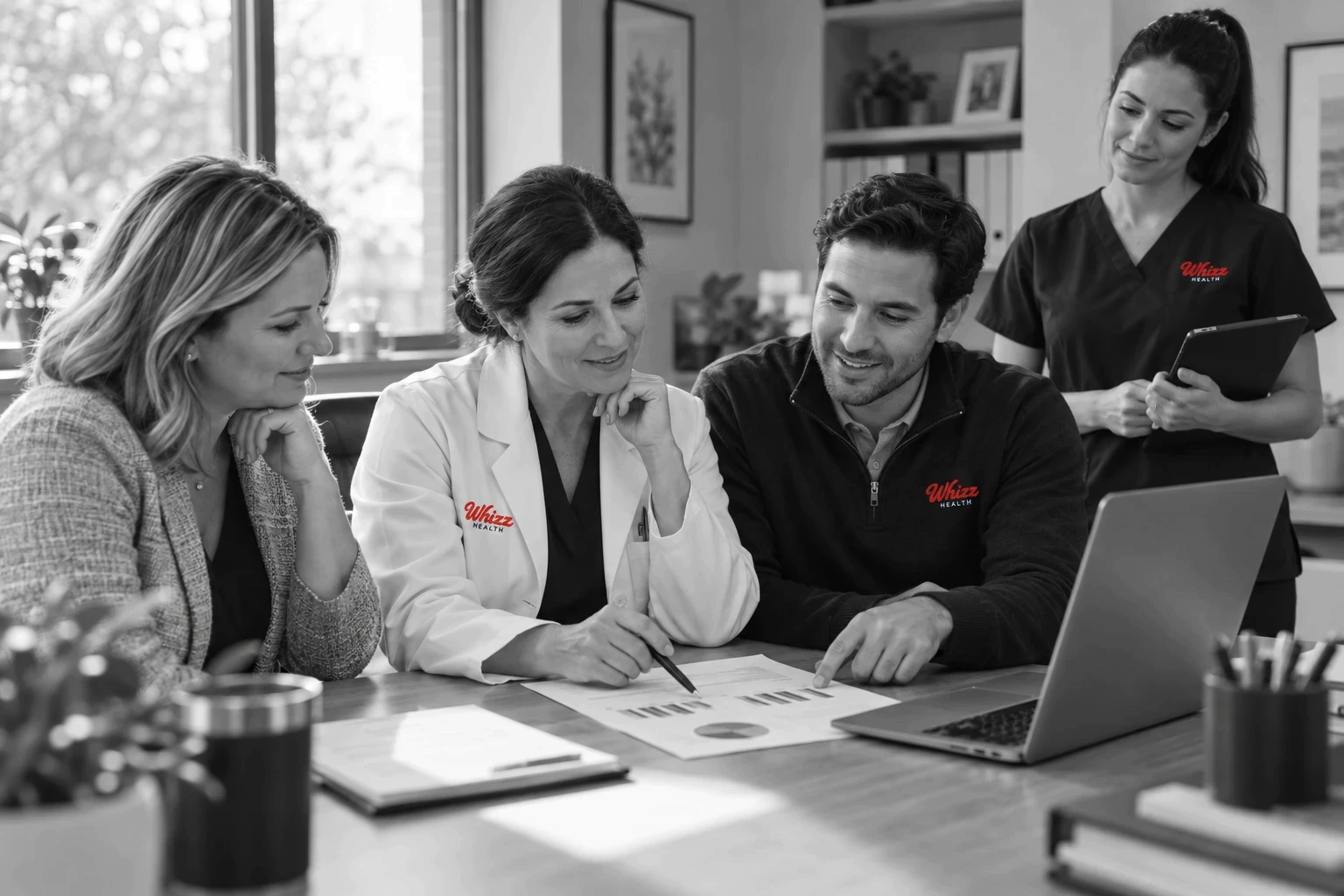 Whizz Health team member reviewing a practice assessment report with a physician and practice manager