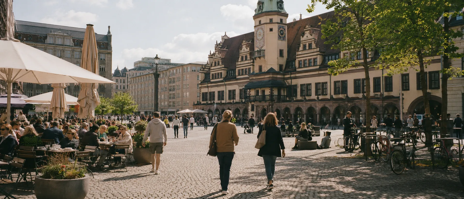 Leipziger Marktplatz mit Altem Rathaus, Straßencafés und freundlicher Morgenstimmung