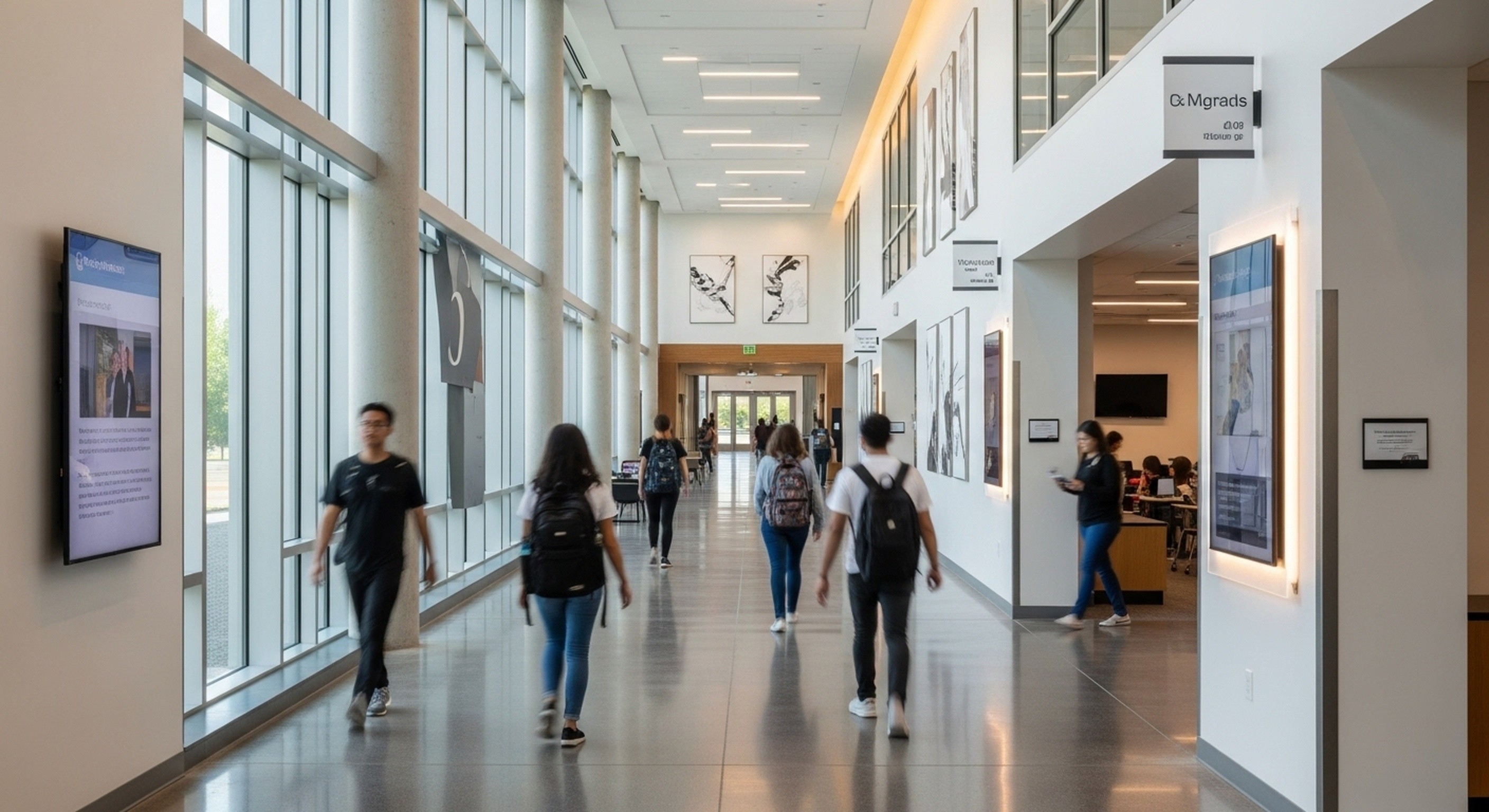 A wide hallway inside a modern building shows several people walking in both directions. Large floor‑to‑ceiling windows line the left side, allowing natural light to fill the space. Screens and framed displays are mounted on the walls, and study or meeting areas are visible through openings on the right. The corridor has a reflective floor and high ceiling with rows of lights.