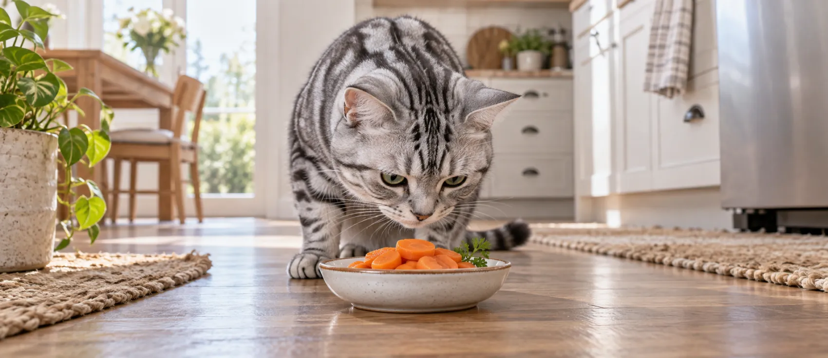 A grey tabby cat sniffs a small plate of cooked carrot slices on the kitchen floor.