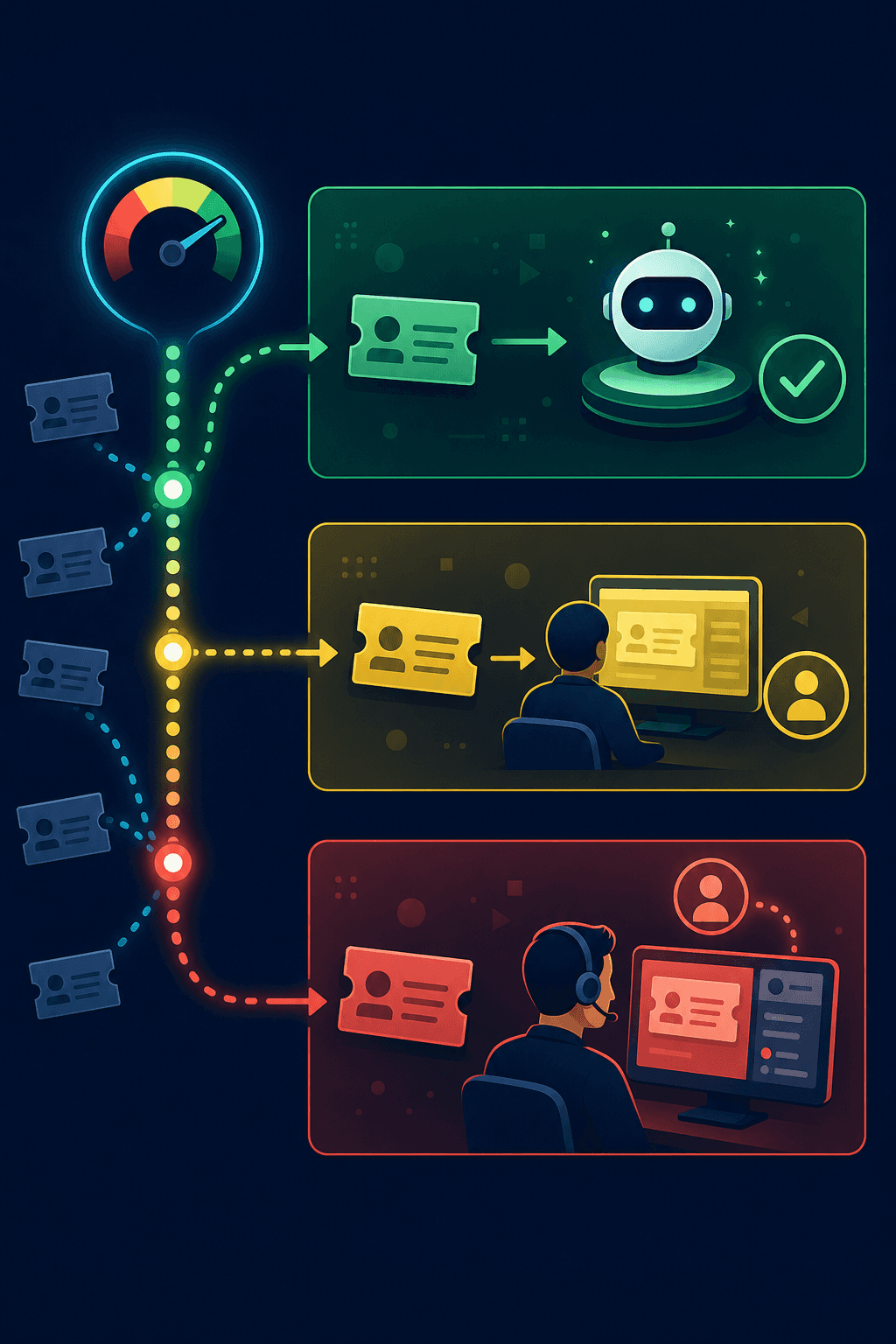 A clean flat-design illustration of a three-tier confidence scoring and escalation routing system for an AI support agent. Three horizontal lanes or levels stacked vertically, each a different color: green at the top for high confidence autonomous resolution, yellow in the middle for mid-confidence human review draft, and red at the bottom for low-confidence escalation to a human agent. Abstract ticket icons flow downward and sort into the correct lane based on a glowing signal meter or gauge on the left. A stylized human figure icon appears at the bottom red lane receiving the escalated ticket with full context. Dark navy blue background, teal and coral accent colors, geometric abstract style, no text or labels anywhere in the image.