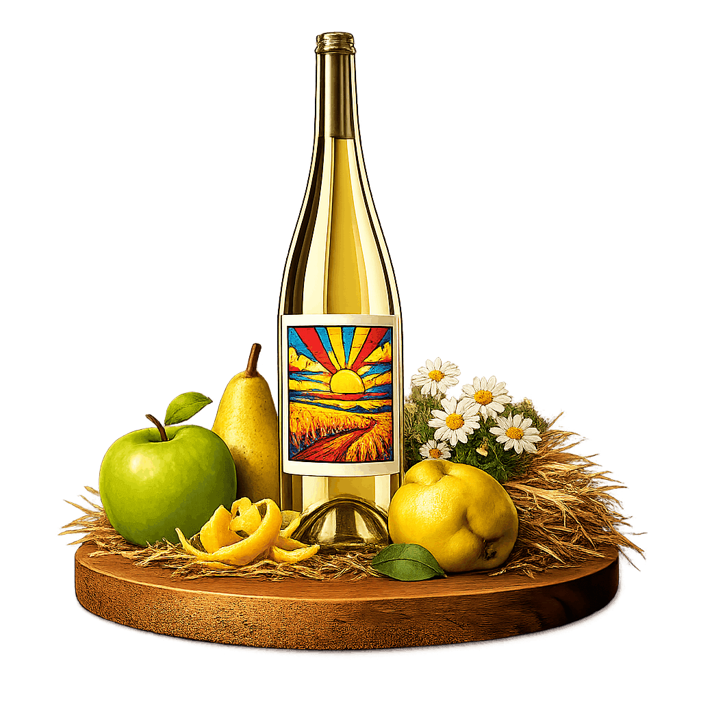 Artistic label and flavor profile for Slavonian Grasevina on a rustic wooden table.