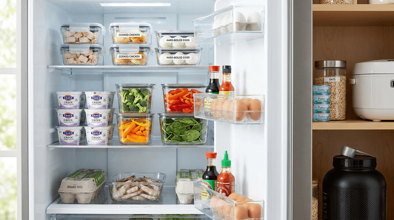 Organized fridge stocked with prepped proteins and vegetables for macro tracking