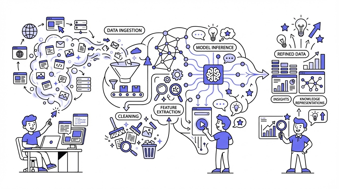 A modern, high-tech flow diagram illustrating how artificial intelligence processes vast amounts of raw web data, showing data points flowing from a large cloud into a complex network of AI nodes for transformation and analysis, resulting in structured insights.