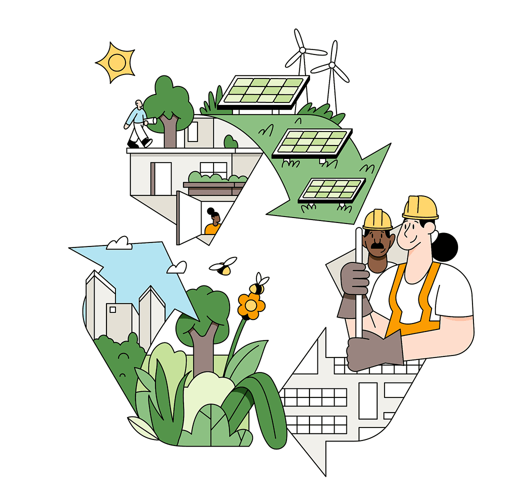Illustration of construction workers overseeing solar panels and other sustainable building materials