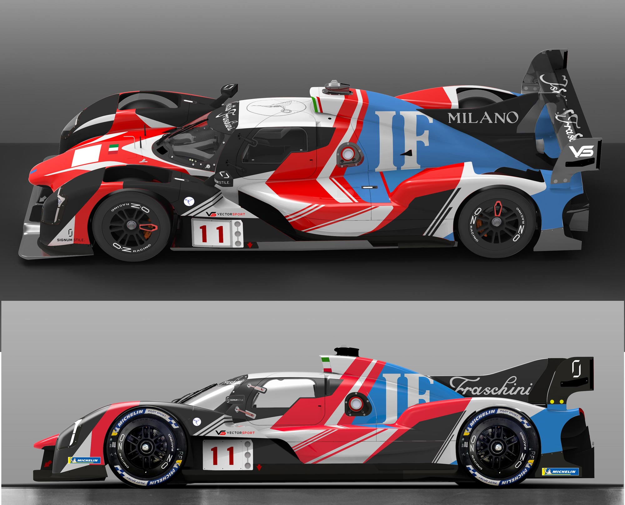 Isotta Fraschini hypercar on track with custom livery design, design sketch side views