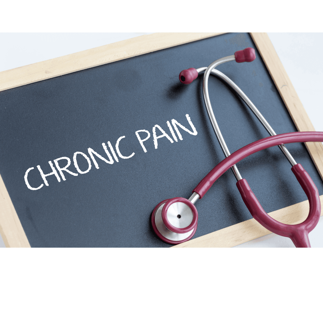 Chalk board with stethoscope and words "Chronic Pain" written on it. 