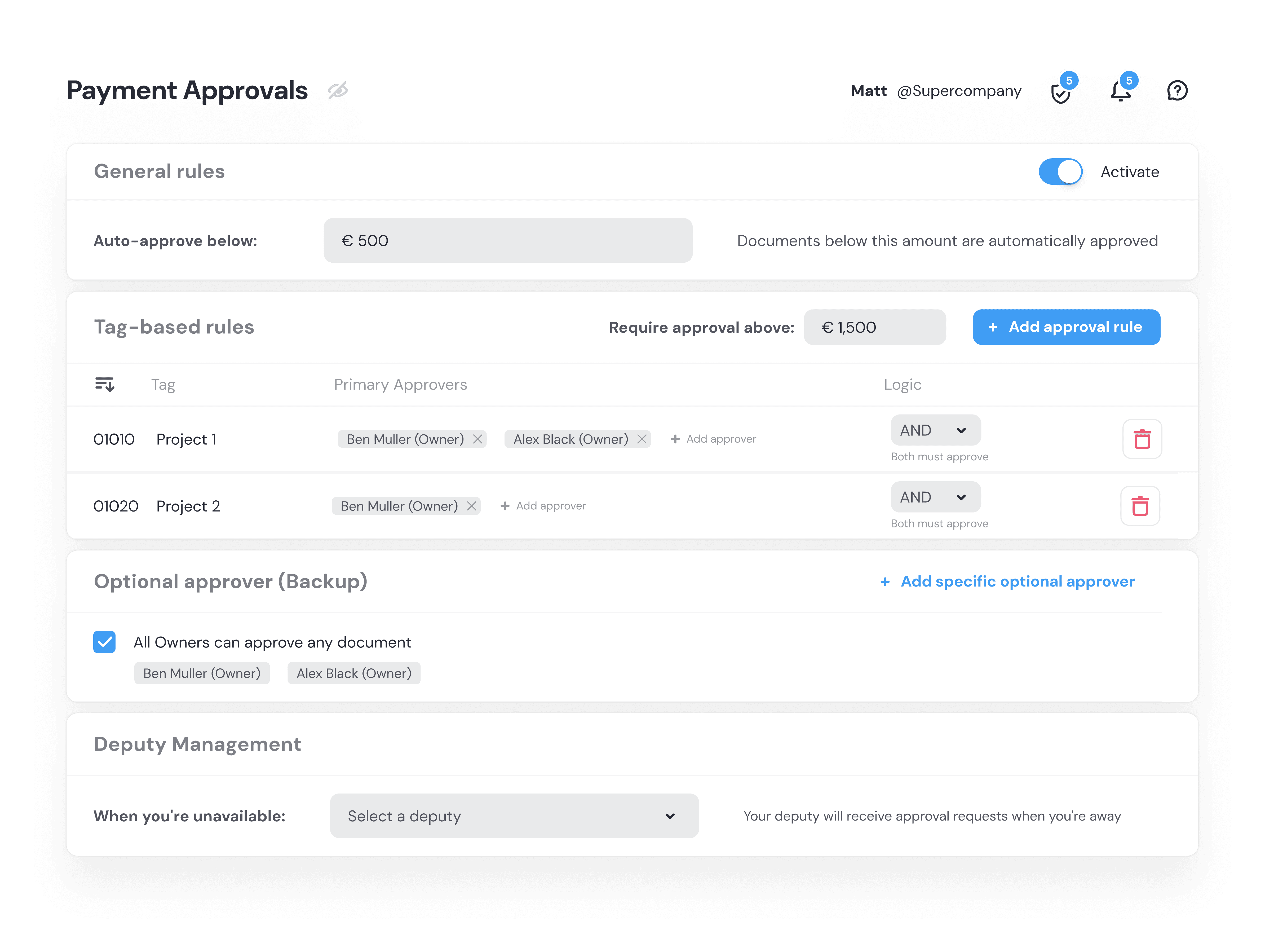 Payment Approvals settings page with general rules (auto-approve below €500), tag-based rules with primary approvers, optional backup approvers, and deputy management