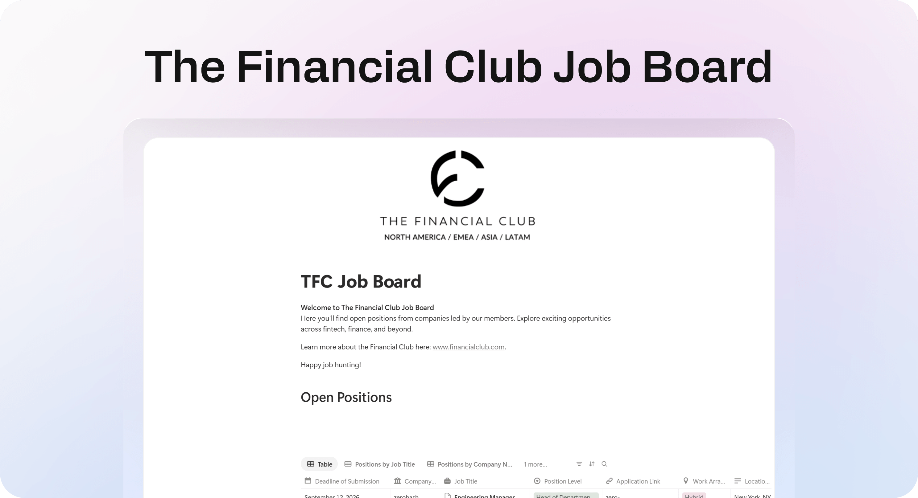 The Financial Club Job Board showing a public Notion database with fintech job listings and position details.