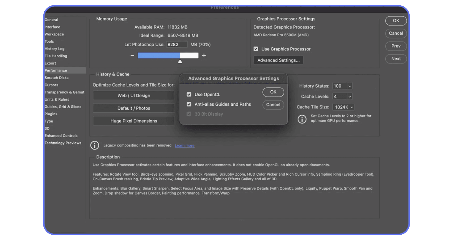 Adobe Photoshop performance preferences showing OpenCL and graphics processor options for optimizing GPU acceleration.