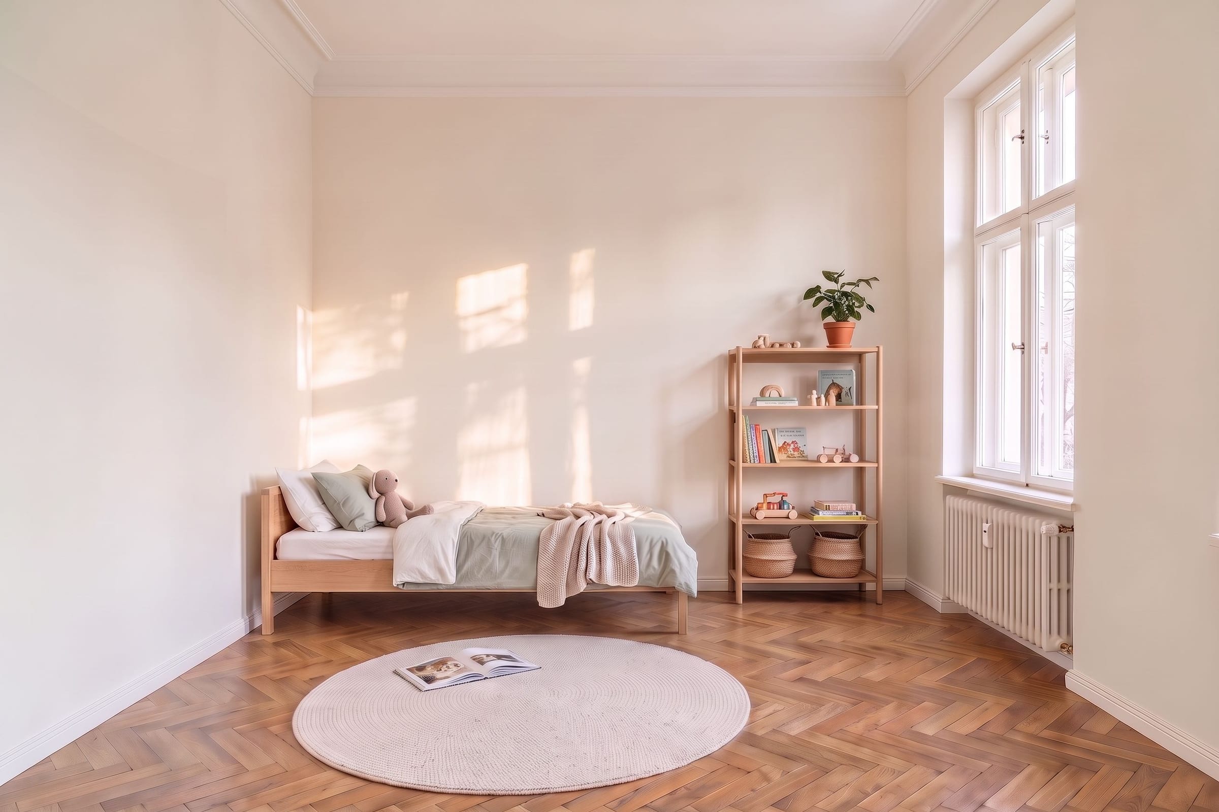 Kinderzimmer mit niedrigem Holzbett, schmalem Holzregal mit Spielzeug und Körben, rundem hellem Teppich mit Bilderbuch und Fischgrätparkett