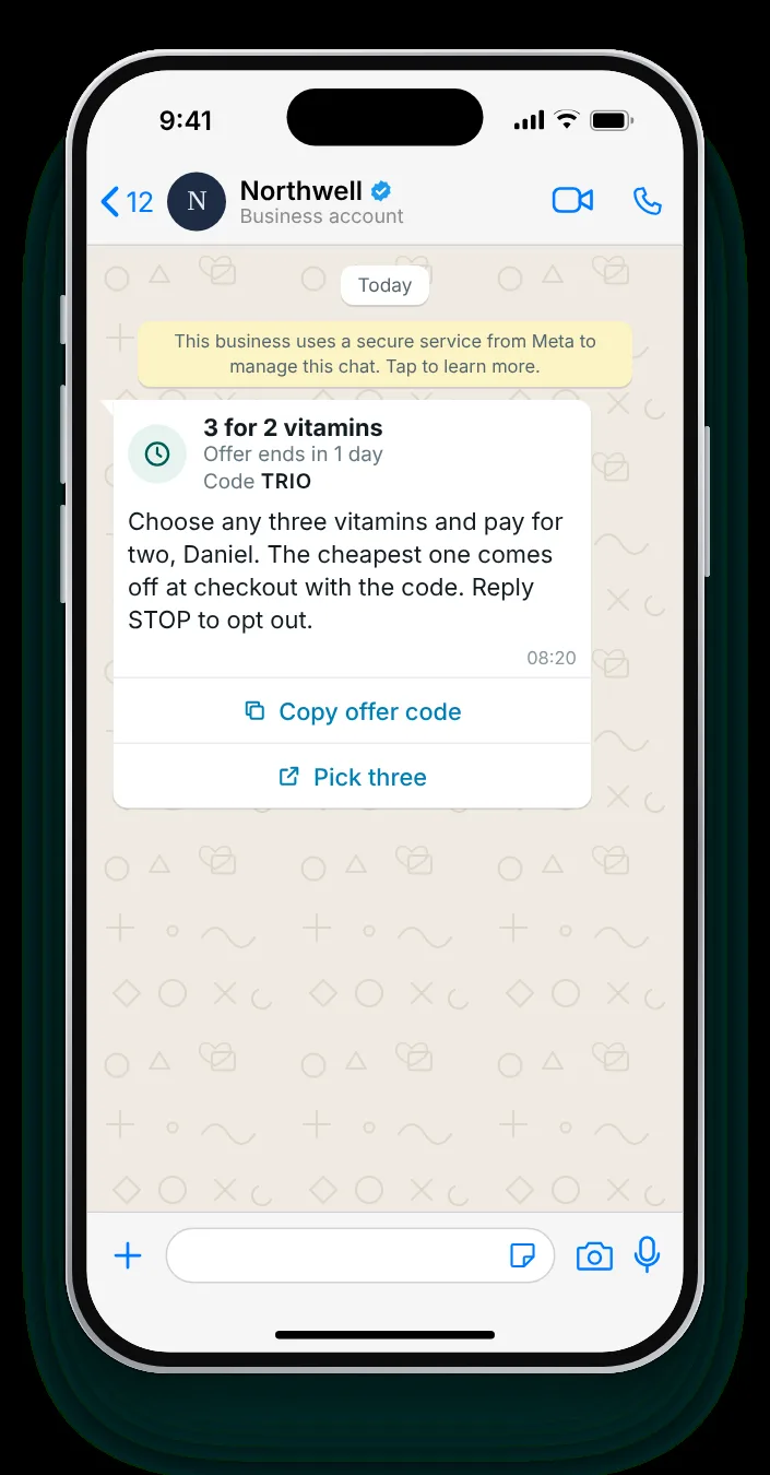 Text only: panel, timer, body: WhatsApp limited-time offer on an iPhone