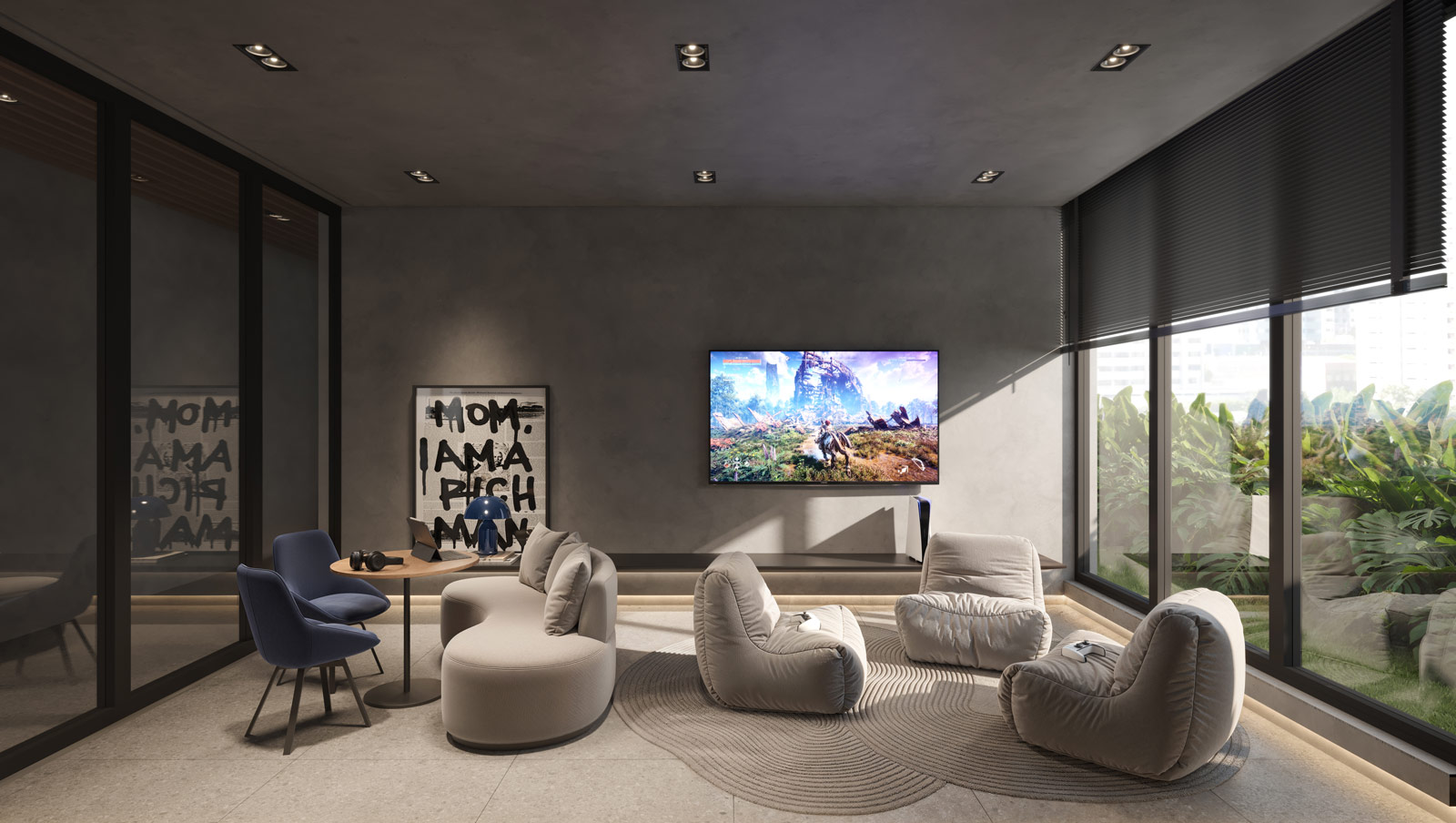 Curved modern skyscraper against a clear blue sky.