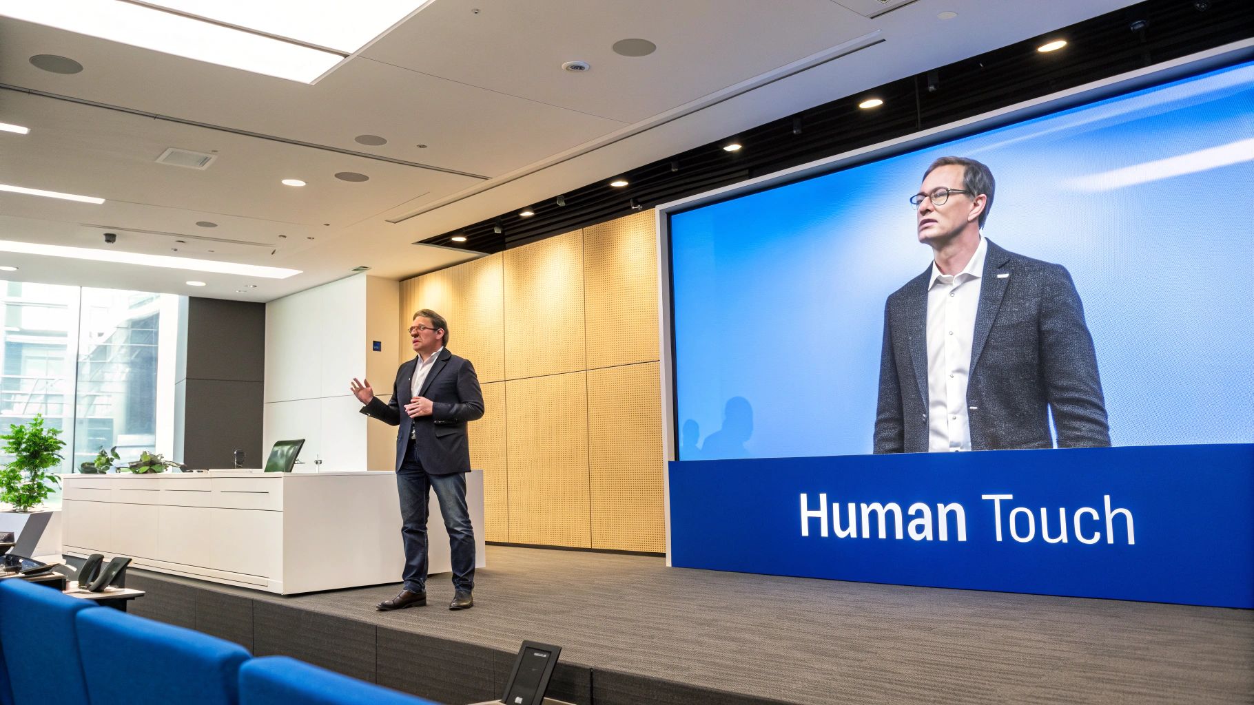 An AI avatar speaking in a video, representing the human touch in digital content.