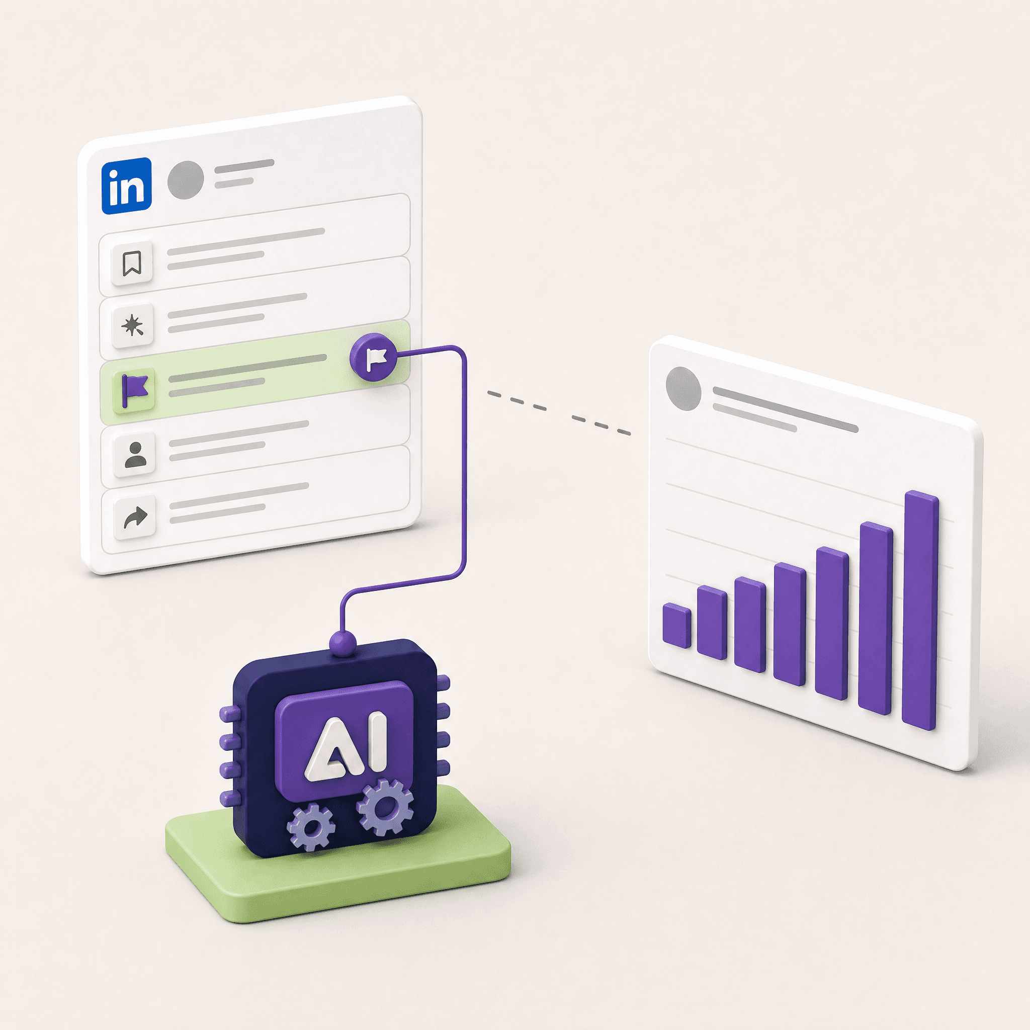 A flagged menu row feeds an AI model, while the reach chart has no direct link to the report