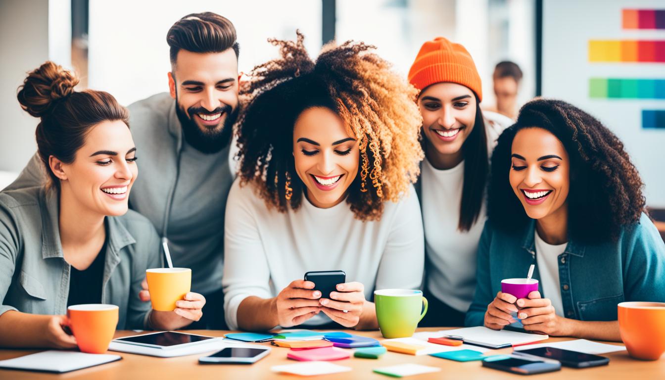 A group of diverse people gathered around a table, each holding a phone and scrolling through Instagram. In the center of the table, there are different items such as coffee cups, notebooks, and pens that suggest they are working together to build their community. The background should be bright and colorful to represent the vibrancy of their community.