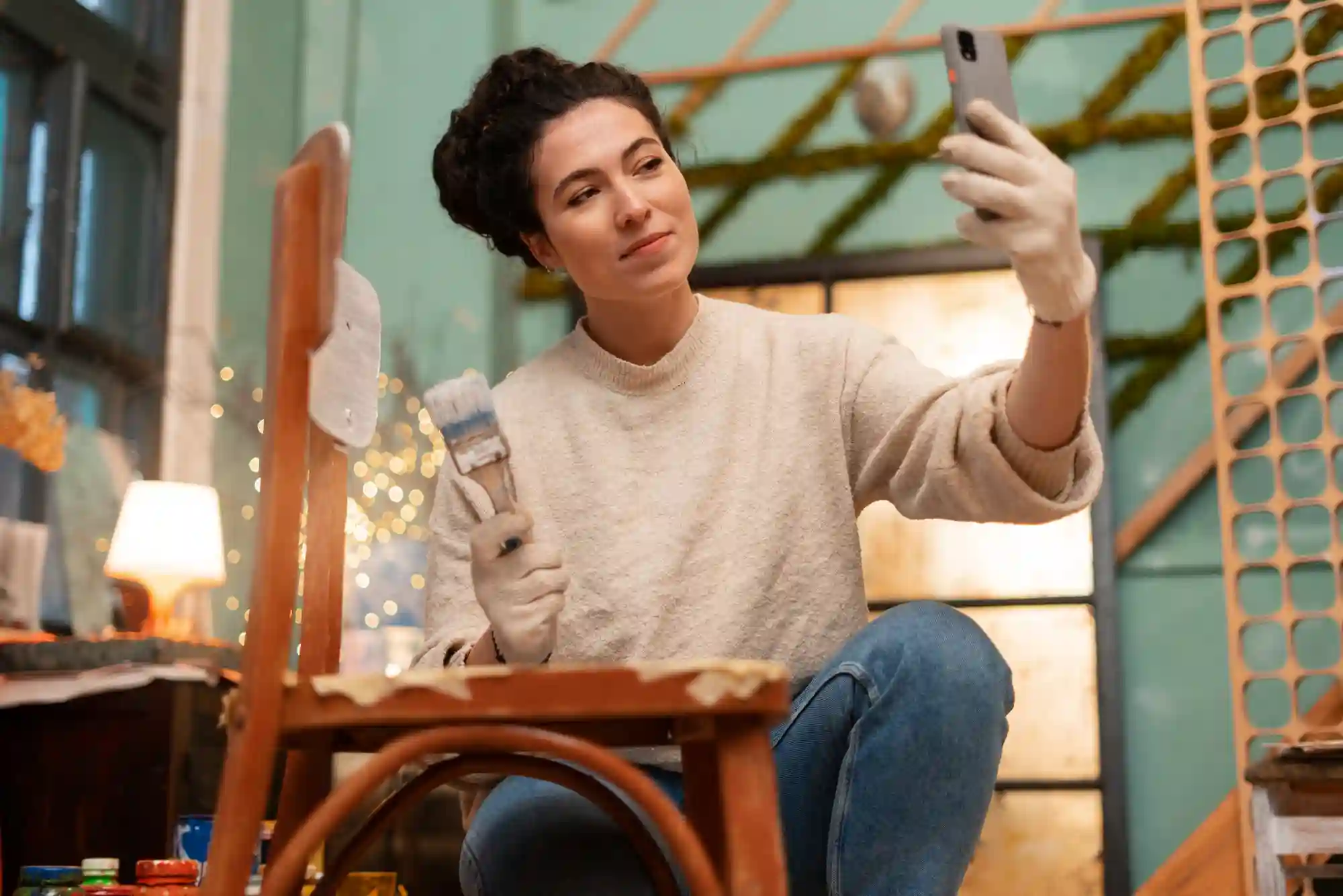 A creative DIY blogger taking a selfie while restoring a vintage wooden chair in her home workshop.