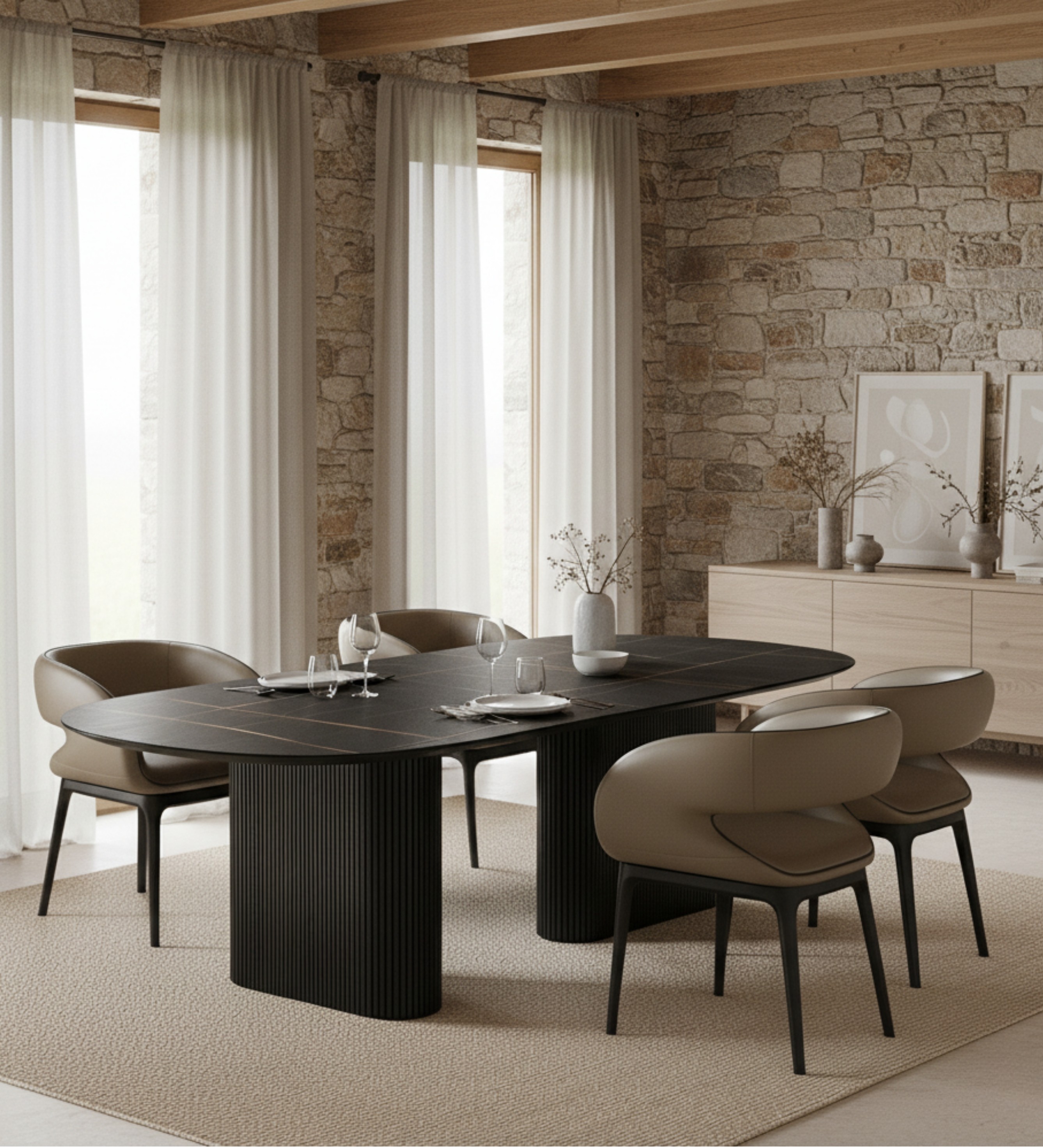 Luxury lounge seating with striped armchairs styled in a minimalist neutral interior