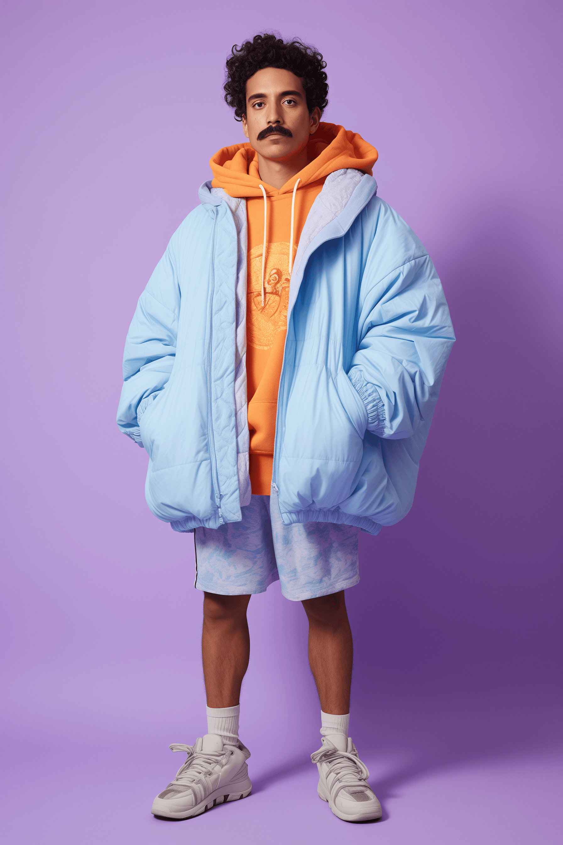 Stylish man with curly hair and a mustache wearing an oversized light blue puffer jacket over an orange hoodie, paired with patterned shorts, standing against a pastel purple background.