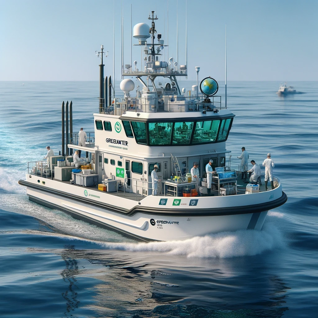 A collaborative scene showcasing a modern research vessel equipped for ocean exploration, with scientists and crew working onboard under a clear blue sky. The image highlights the Greenwater Foundation’s role in connecting science and resources for marine conservation and humanitarian projects.