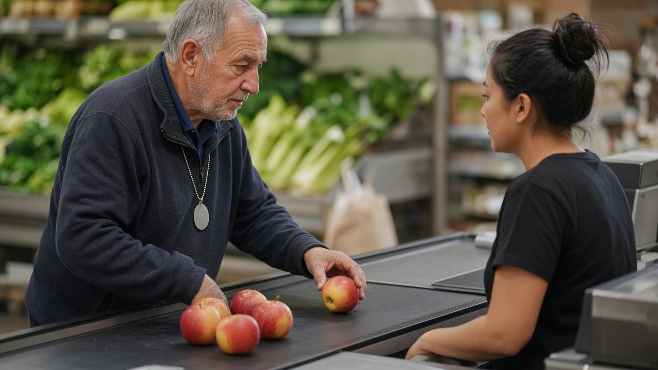 This image shows an elderly man purchasing apples at a grocery store checkout counter. The man is placing apples on the conveyor belt while engaging with the cashier, who is attentively watching him. The setting highlights a typical grocery shopping interaction with fresh produce visible in the background. Such scenes can be relevant in discussions about elderly mobility, independent living, and supportive technologies for senior citizens during everyday activities like grocery shopping.