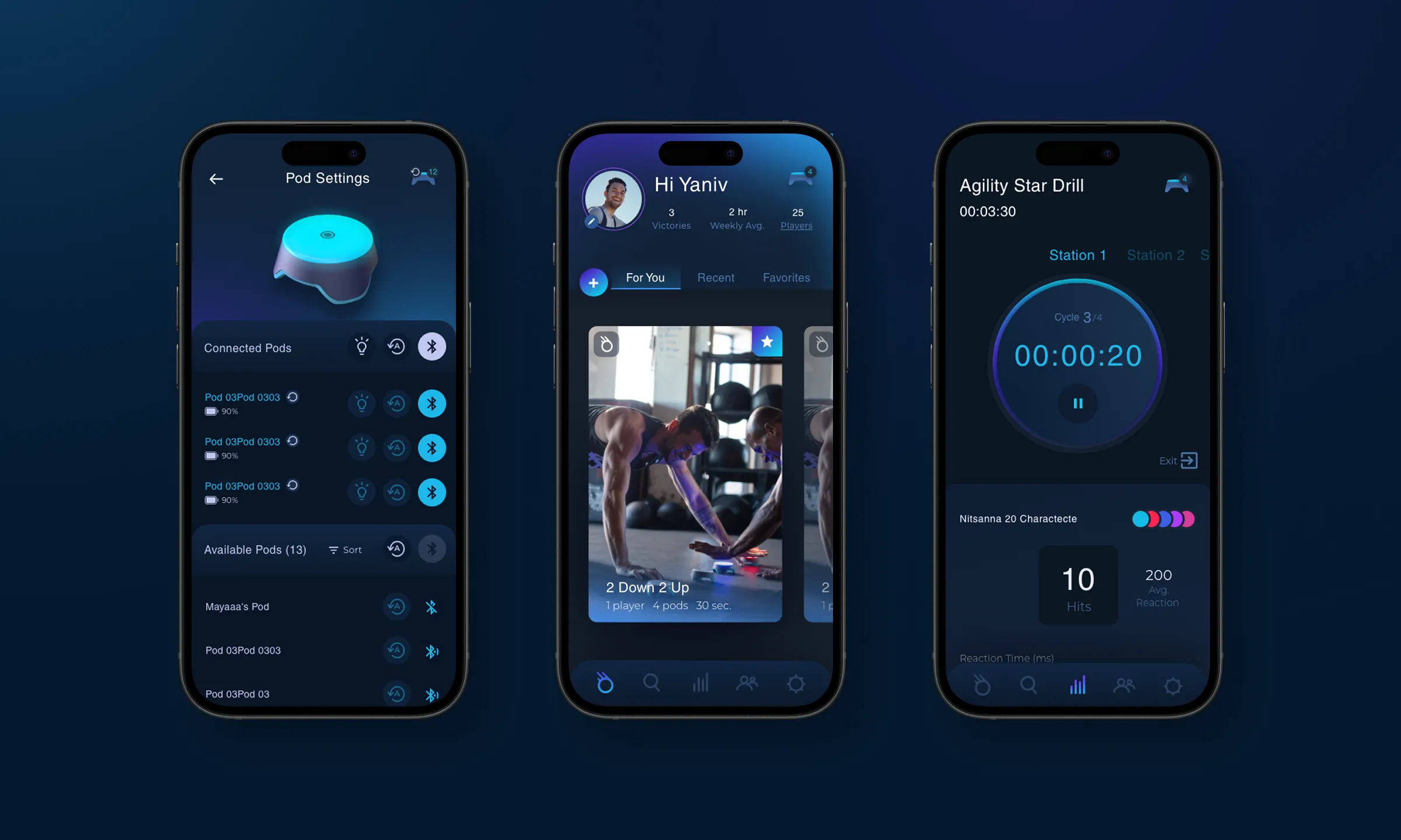 BlazePod app screens showing pod settings, a training feed and a live drill timer