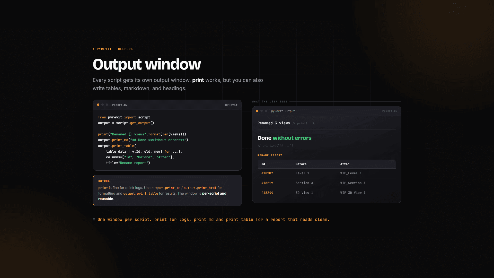 pyRevit output window: print, print_table and markdown output with a clean report table