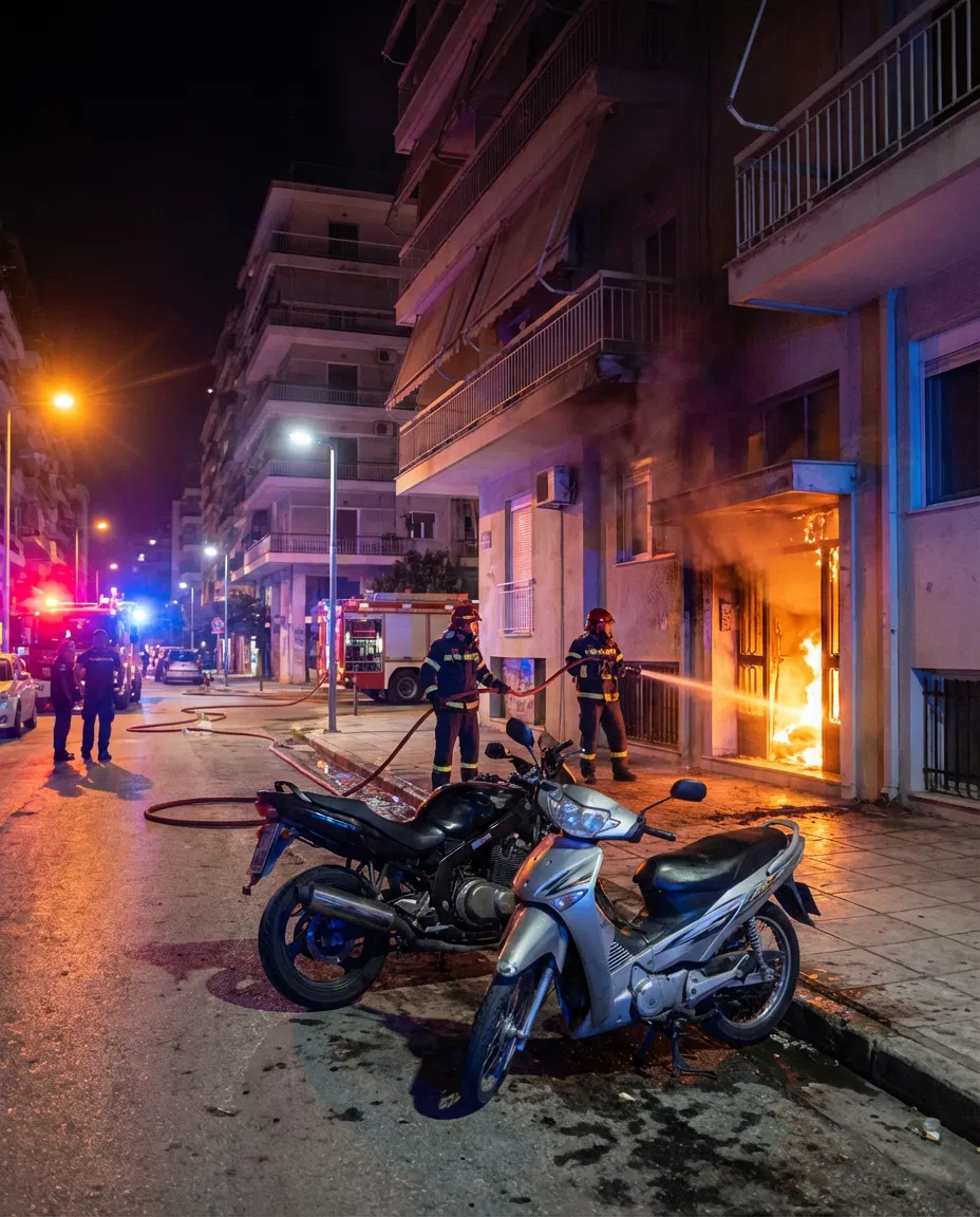 Firefighters respond to a nighttime fire at the entrance of a Thessaloniki apartment building