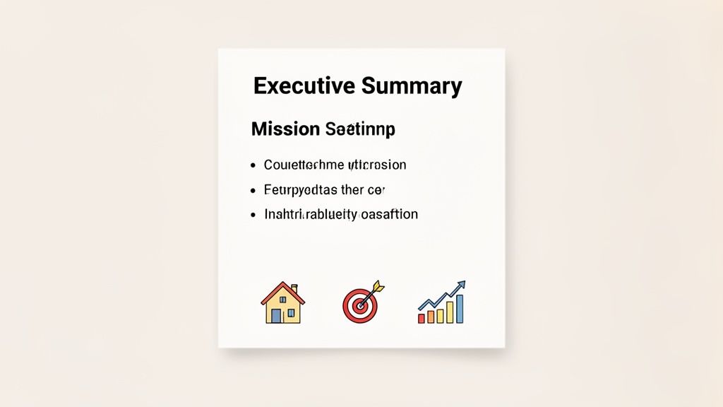 A white card showing an executive summary with a mission statement, bullet points, and business icons.