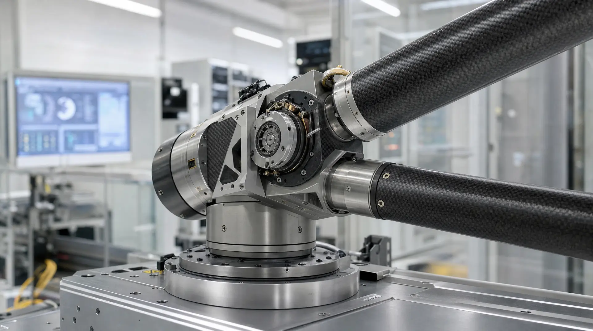 Precision robotic arm with carbon-fiber tubing in a clean manufacturing facility, aligned with robotics branding needs.