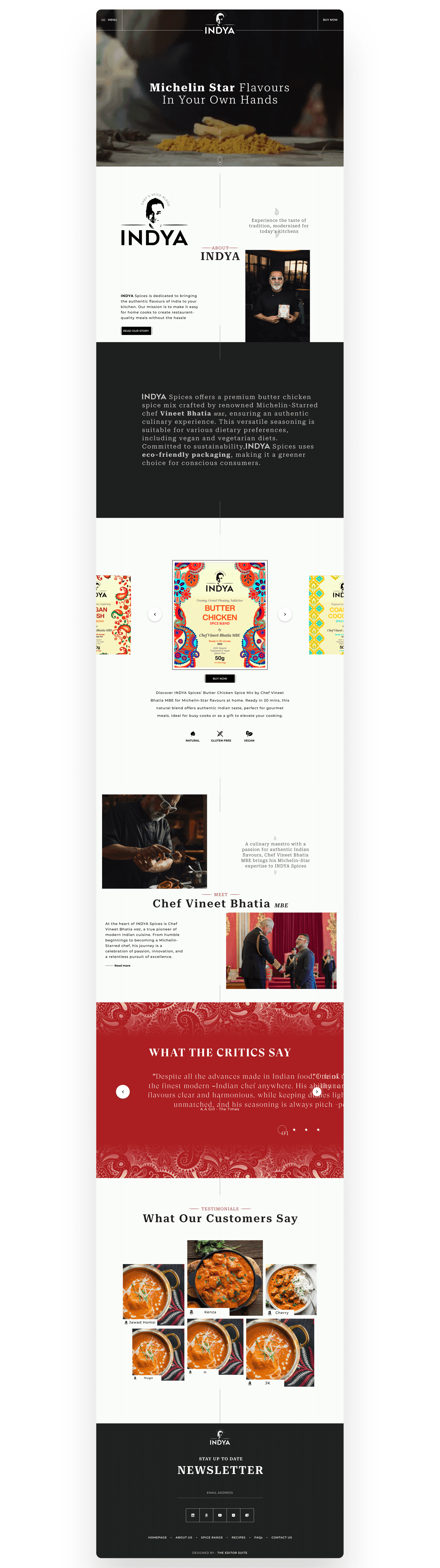 Homepage of INYA Spices website featuring Michelin-starred chef Vineet Bhatia. Showcases premium Indian spice blends, product information, customer testimonials, and media reviews. Experience the authentic taste of Indian cuisine with INYA Spices.