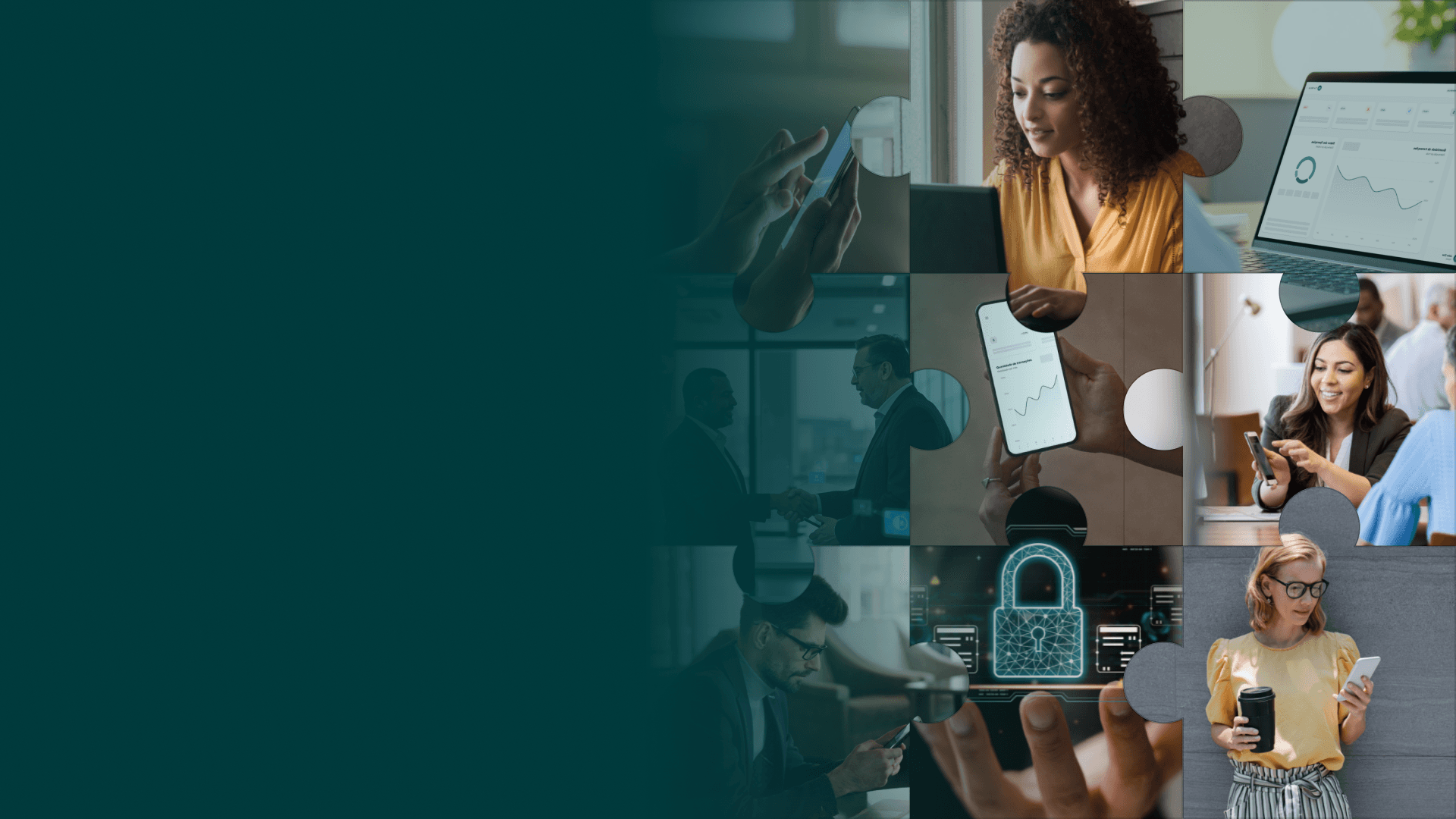 Mosaico em formato de peças de quebra-cabeça mostrando diferentes profissionais utilizando tecnologia e analisando dados financeiros, simbolizando a integração do Smart Banking ao negócio