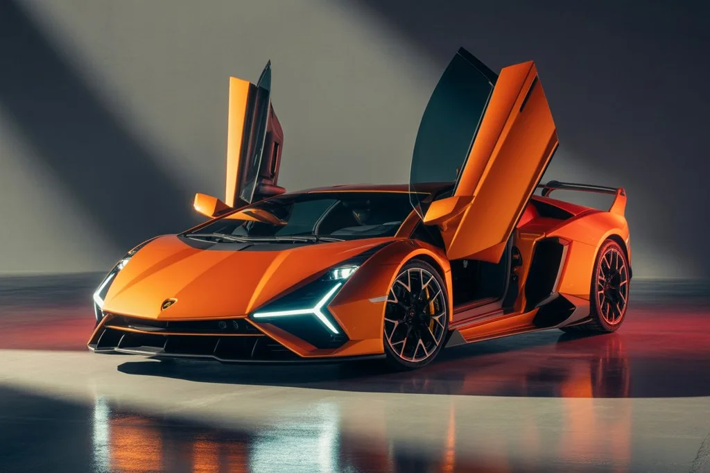 Oranger Lamborghini mit geöffneten Scherentüren im Studio – Supersportwagen Versicherung All-Risk