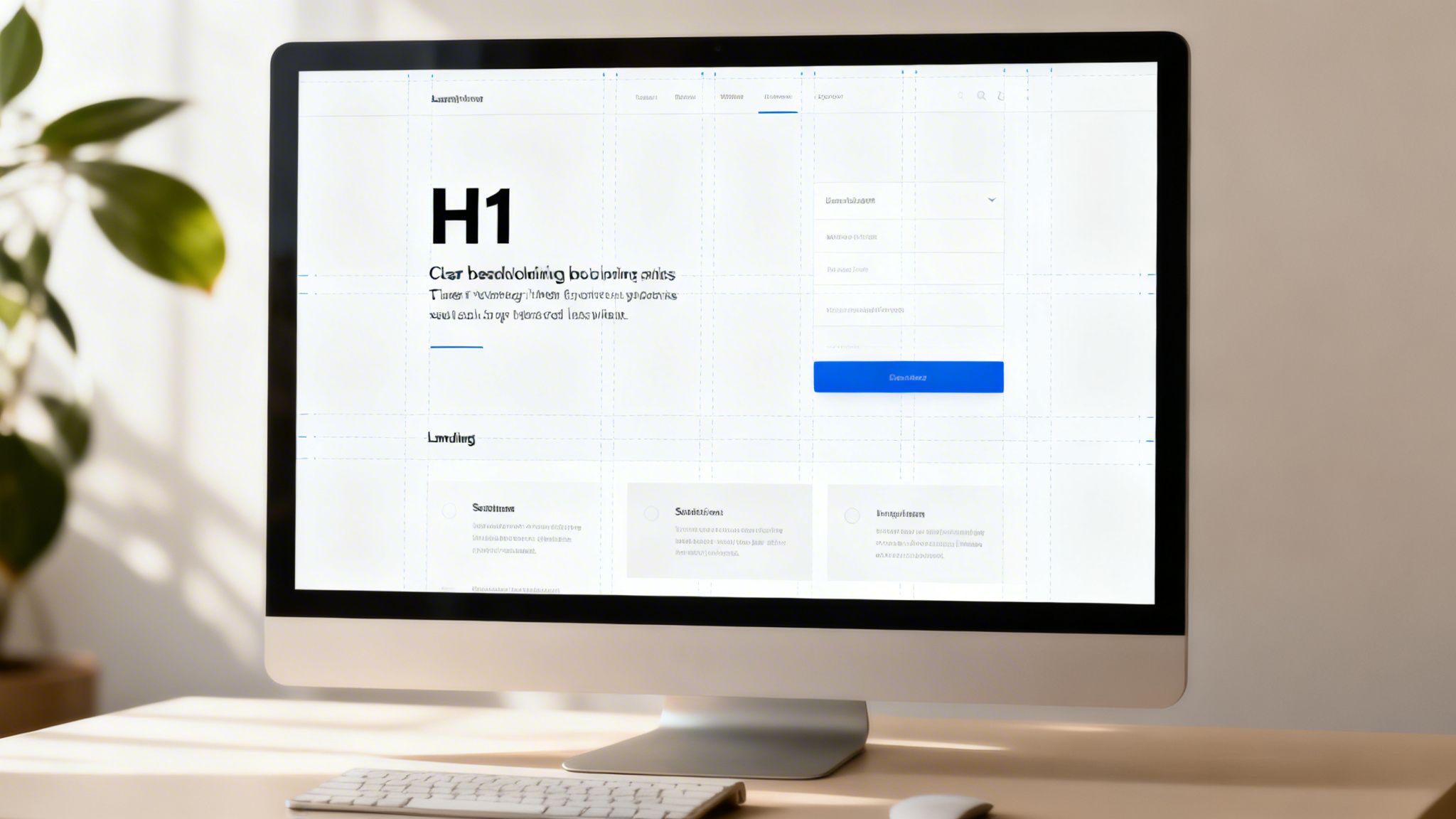 A modern desktop computer displaying a clean website design with a hero section, form, and content cards.