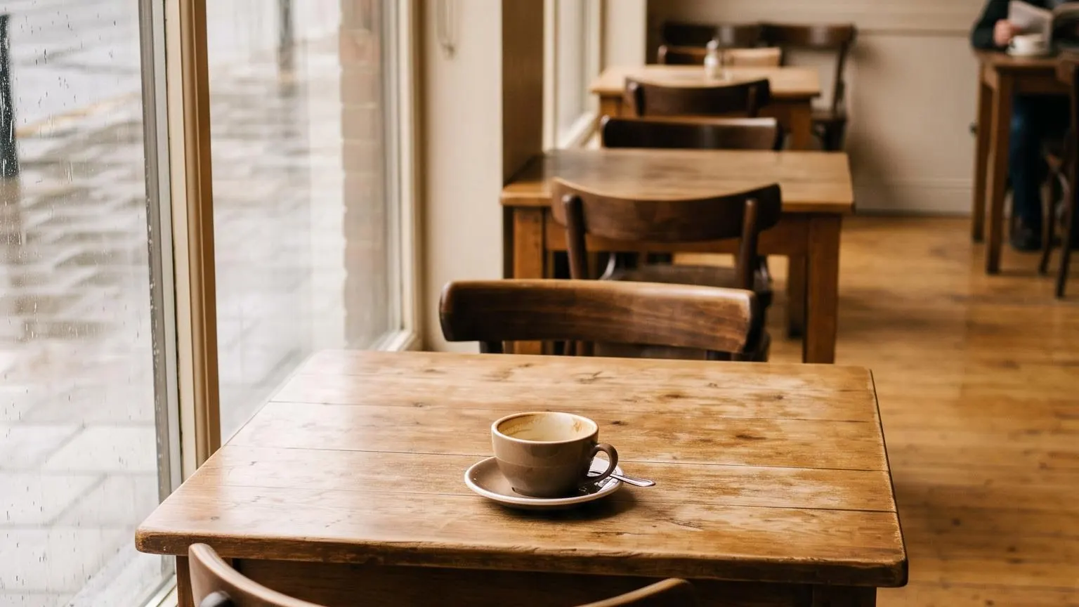 A quiet cafe corner table with a half-finished coffee, rain running down the window beside it