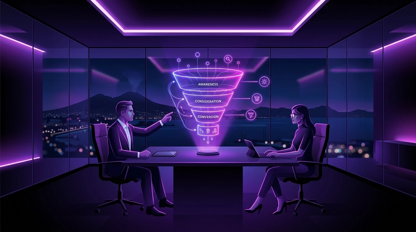 A sleek minimalist boardroom in a Naples high-rise where a founder and strategist study a glowing 3D hologram of a marketing funnel above the table.