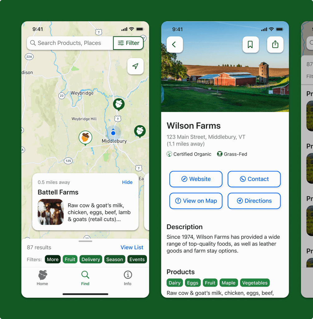 Mockups of a map-based app for farms showing pins on a map and a profile page for a farm.