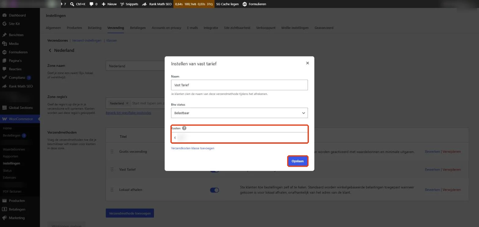 WooCommerce: het venster Instellen van vast tarief met het veld Kosten