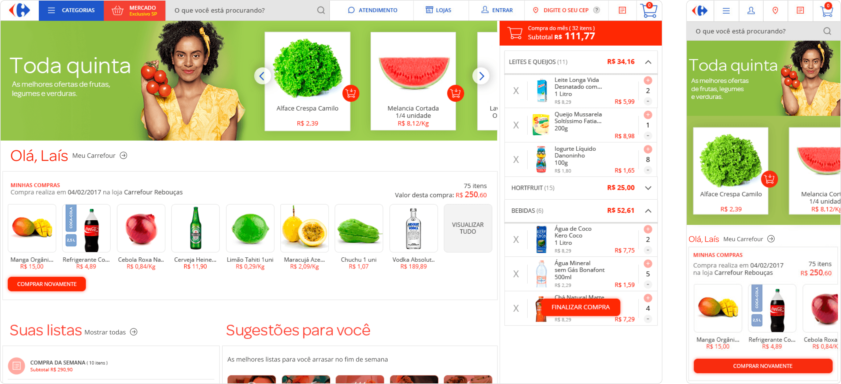 Duas interfaces de um e-commerce da rede Carrefour, uma no formato desktop e outra no formato mobile, destacando a experiência de compra de produtos de mercado.