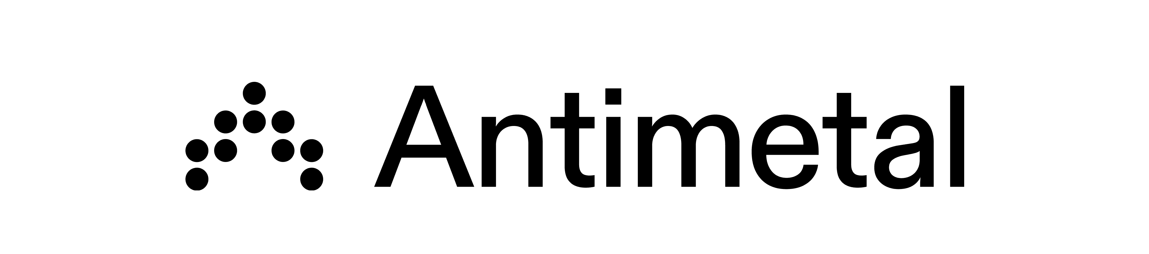A modern and minimalist logo design featuring a cluster of black geometric shapes resembling molecules next to the word "Antimetal" in sleek, sans-serif font, set against a transparent background.