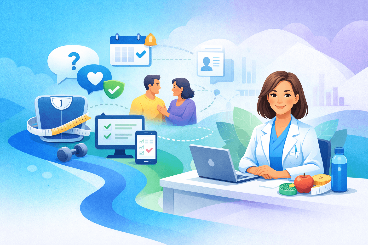 Profesyonel bir diyetisyenin danışan sürecini sistemli ve güven veren bir şekilde yönettiğini anlatan, mavi–yeşil tonlarda modern bir illüstrasyon.